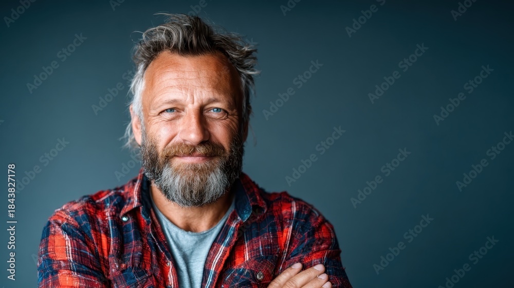 Fototapeta premium A bearded man with gray hair smiles confidently while crossing his arms, posing against a dark background, showcasing wisdom and experience paired with a stylish demeanor.