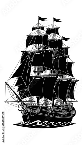 Large vintage sailing ship with full sails on ocean waves, traditional tall ship for exploration