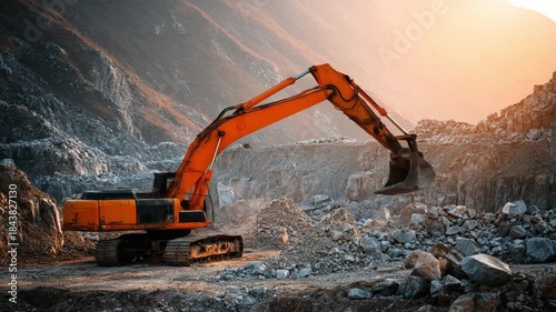 Wallpaper Mural Orange excavator amid a rugged quarry under a warm sunset glow, ready to move heavy earth at scales Torontodigital.ca