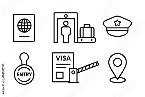 Minimalist travel icons: passport, security gate, police cap, visa, entry stamp, location pin