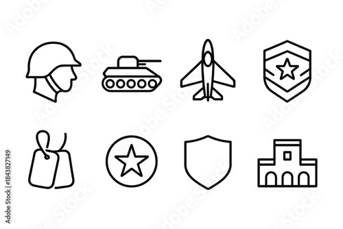 Military line icons set: helmet, tank, jet, badges, and tags