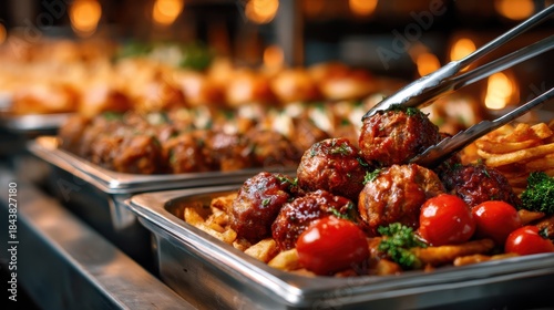 A tempting array of meatballs and snacks is beautifully arranged on a buffet table, inviting guests to indulge in a delightful culinary experience at gatherings.