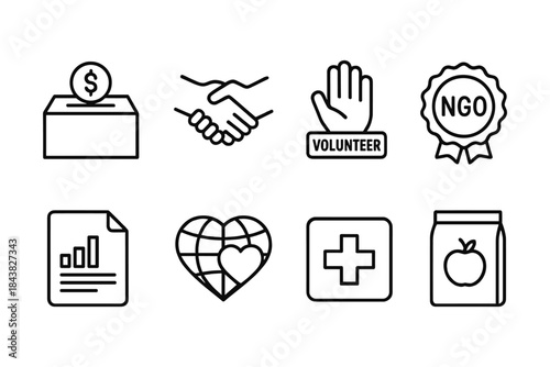 Charity and volunteer icons: donation, ngo, global, aid, and community symbols in linear style