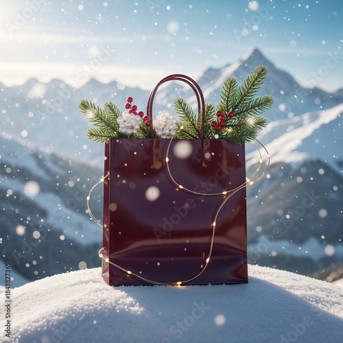 Festive burgundy shopping bag with Christmas greenery and berries on snowy mountain cliff, luxury holiday gift concept in winter alpine landscape