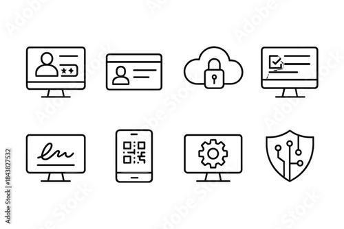 Linear icons for digital security and technology concepts