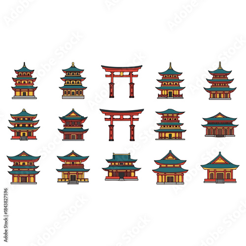 Collection of traditional pagodas and torii gates.