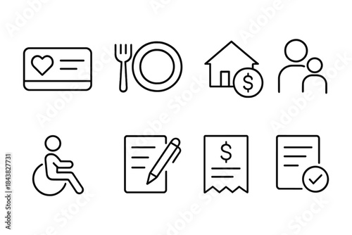 Essential line icons for dining, housing, accessibility, and financial documents