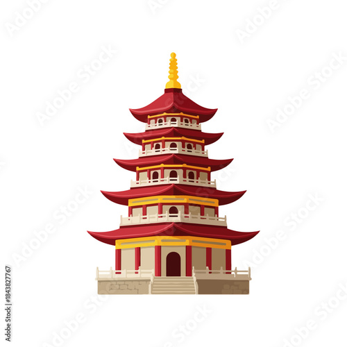 Chinese pagoda tower with red and gold roofs.