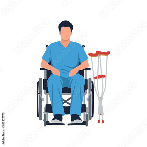 Man in wheelchair with crutches seated front view.