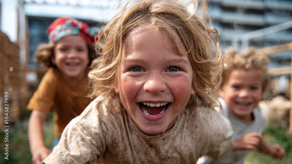 Obraz premium A group of playful children with big smiles, joyfully running outdoors, capturing the essence of innocence, freedom, and the joy of childhood in a vibrant setting.