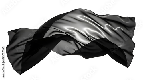 Black silk cloth elegantly floating against a white background.