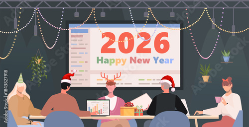 Office New Year 2026 celebration. Modern workplace holiday scene with group of colleagues in Santa hats working together and celebrating Christmas and New Year holidays. Vector Not AI generated.