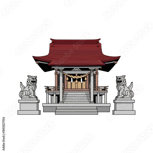 Shinto shrine with red roof and guardian statues.