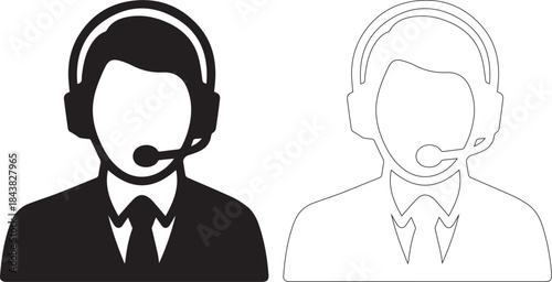 Black and white illustration of a man and woman wearing headsets