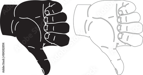 Black thumbs down hand sign in solid and outline style