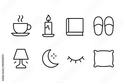 Cozy home essentials: minimalist line art icons for relaxation and comfort
