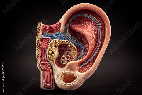 Detailed view of human ear anatomy showing structures and pathways of sound