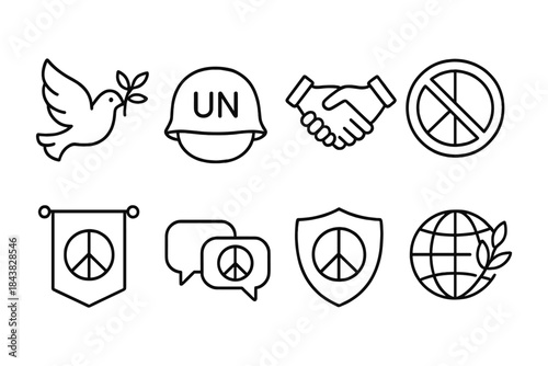 Peace icons set featuring dove, un helmet, handshake, and global symbols in outline style
