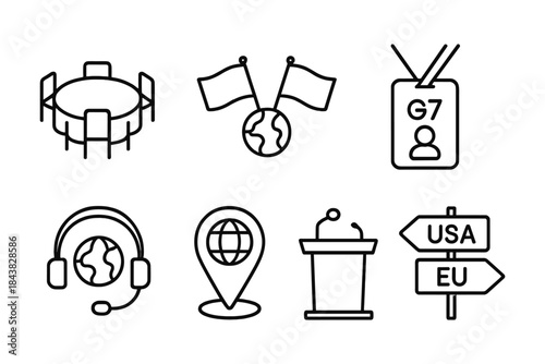 Global summit icons: linear conference symbols for international meetings