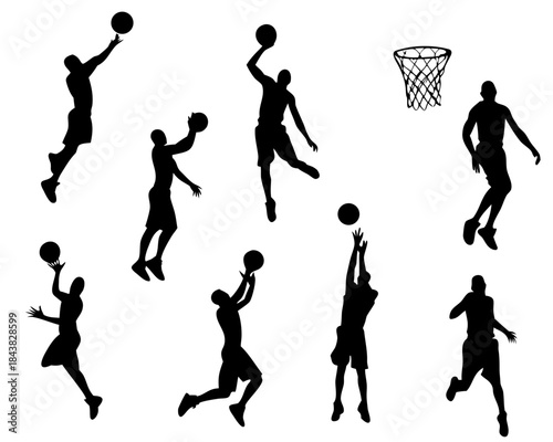 Set of black vector silhouettes of people playing various basketball sports