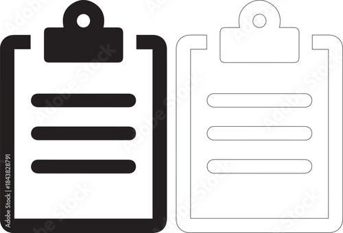 Black and white clipboard icons in solid and outline style