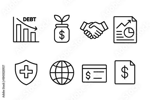 Linear icons of finance and business analytics for modern digital applications