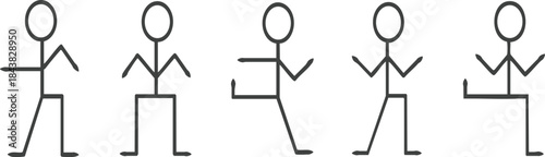 Five dark grey stick figures in various poses on white background