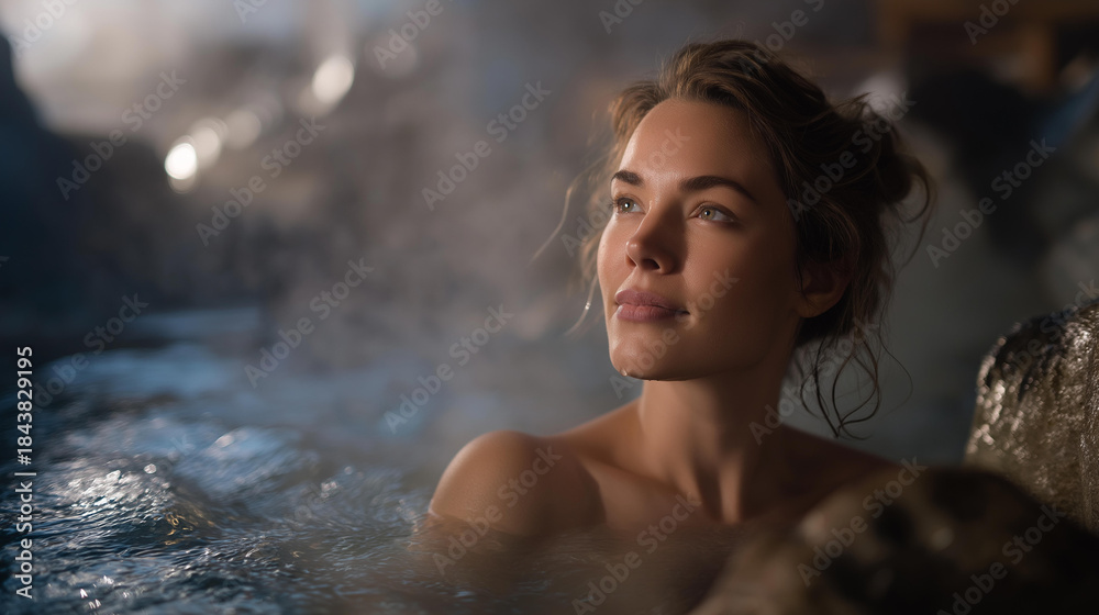 Fototapeta premium A wellness retreat guest unwinds in a geothermal pool carved into volcanic rock, the warm water swirling gently while crisp alpine air and drifting mist create a serene spa-like atmosphere.