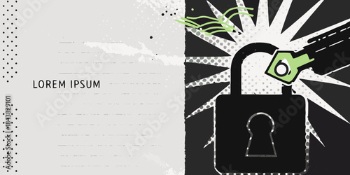 A stylized illustration featuring a black lock key and bursting energy