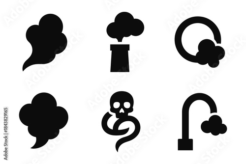 Set of silhouette pollution icons: smoke, skull, and environmental hazards