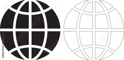 Black and white globe icons with lines on isolated