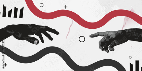 Abstract art depicting two hands reaching towards each other with geometric shapes