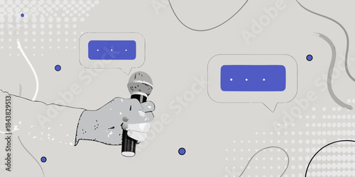 A robotic hand holding a microphone amidst abstract blue shapes and dots