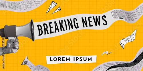 Breaking news announcement with megaphone paper scraps and yellow grid background