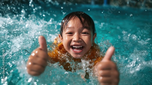 A young boy joyfully swimming in a pool, giving two thumbs up to the camera, showcasing his excitement and happiness as water splashes around him.