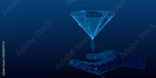 A digital hand catching falling data streams in a blue virtual space