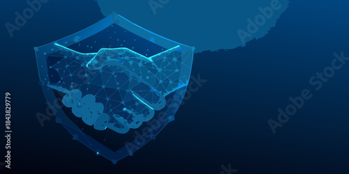 Digital handshake within a shield representing secure agreement and trust online