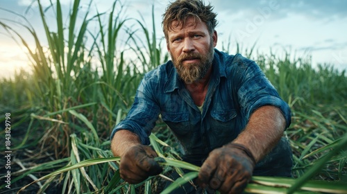 A dedicated farmer, with a rugged appearance, works diligently in a vast sugarcane field, showcasing the hard work and connection to agriculture in a picturesque landscape.