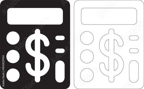 Black and white calculator icons with dollar sign and circles