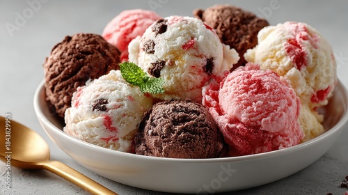 A tempting assortment of colorful ice cream scoops served in a bowl, showcasing vibrant flavors and textures that evoke feelings of pleasure and indulgence.