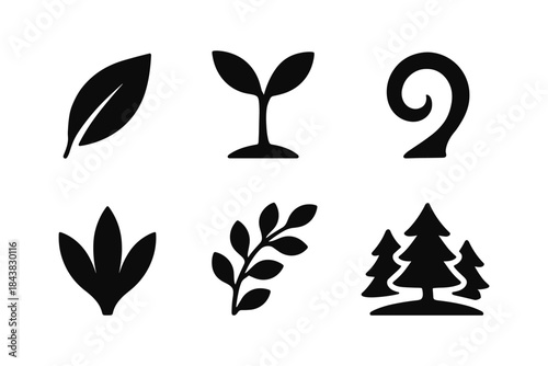 Minimalistic nature icons: silhouette plant and tree symbols