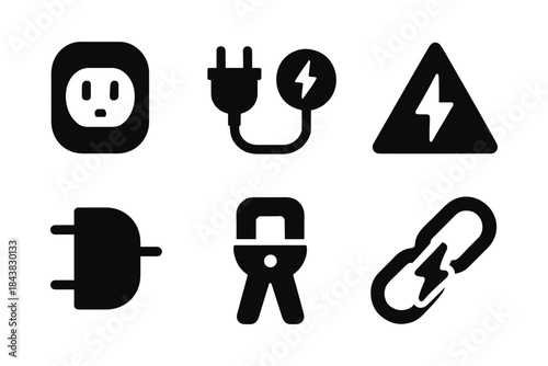 Essential electric symbols: plug, socket, voltage warning, and tools