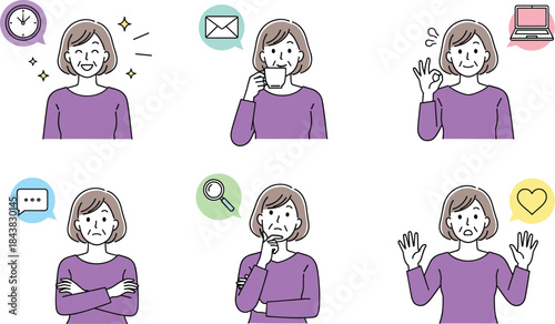 Flat Vector Set of Middle-Aged Woman Showing Work-Life Balance and Emotions, Including Happiness, Drinking Coffee, and Problem-Solving, Ideal for Business and Digital Concepts.