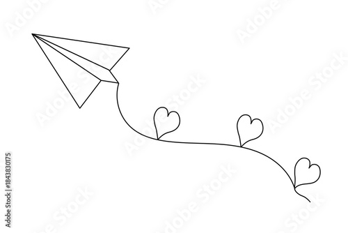 Paper plane continuous  line art with swirling flight path on white background vector illustration