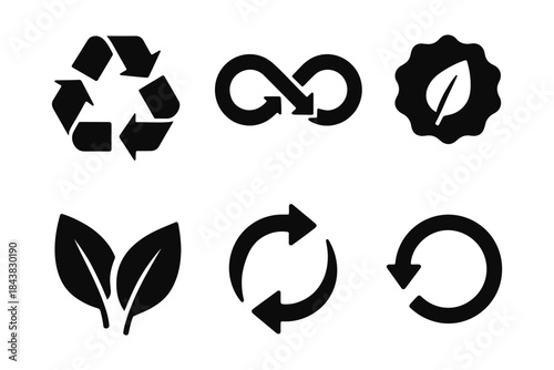 Eco symbols set: recycling, infinite sustainability, and nature icons in silhouette