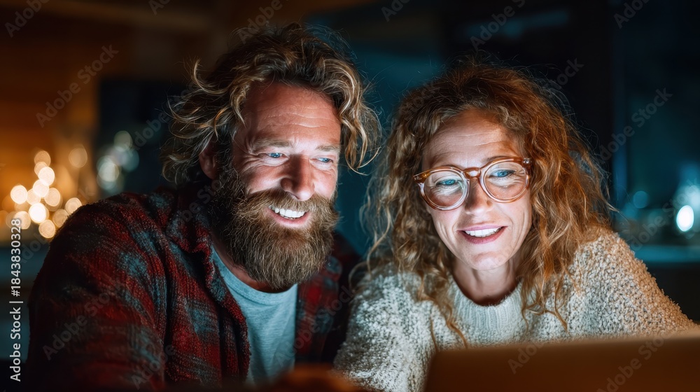 Fototapeta premium A joyful couple engaged in a light-hearted moment while using a laptop, highlighting the warmth of companionship and sharing experiences through technology.