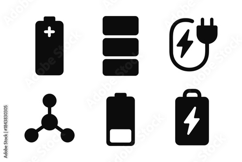 Power icons set: batteries, charging symbols, energy concepts in bold black