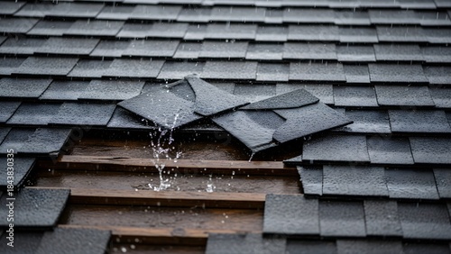 Damaged roof shingles show water damage after storm home repair insurance claim needed
