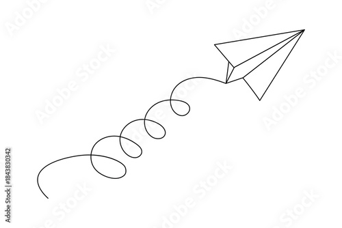 Paper plane continuous  line art with swirling flight path on white background vector illustration