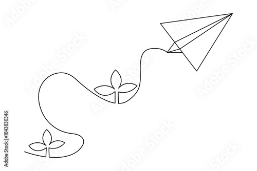 Paper plane continuous  line art with swirling flight path on white background vector illustration